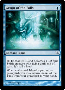 Genju of the Falls
 Enchant Island
{2}: Enchanted Island becomes a 3/2 blue Spirit creature with flying until end of turn. It's still a land.
When enchanted Island is put into a graveyard, you may return Genju of the Falls from your graveyard to your hand.